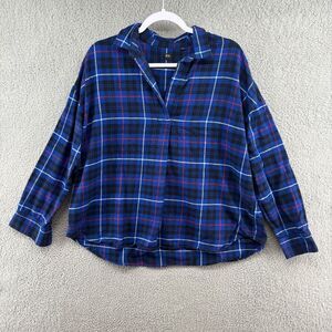 uniqlo women's flannel v-neck cotton long sleeve blue black pink size medium